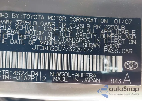2007 Toyota Prius from USA, damaged, VIN JTDKB20U773229477